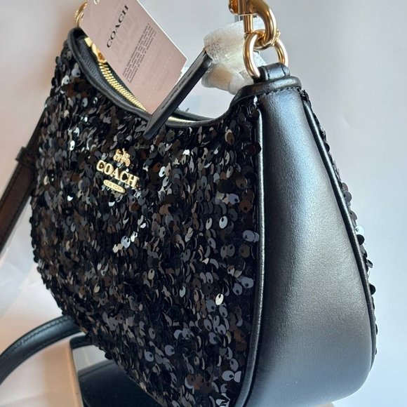 COACH CO951 Teri Shoulder Bag In Sequins And Smooth Leather Gold/Black - Picture 11 of 15